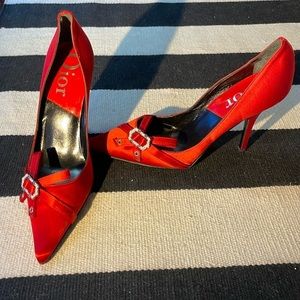 Christian Dior Red Satin rhinestone bow pumps. Vintage! Size 37 US 7​​​​